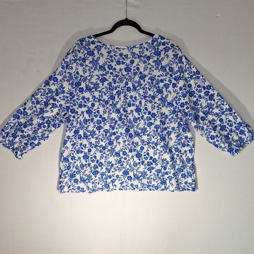 Lands End Tunic Womens Sz M Blue Floral Damask Pattern Peasant Top Boho Chic EUC - Picture 2 of 12